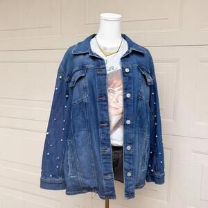 Blue Chicos Denim Jacket with Pearl Embellishments on Sleeves (XL)